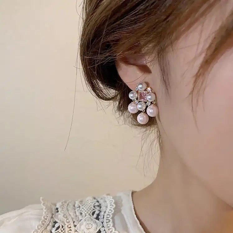 Vintage Pink Rhinestone Pearl Stud Earrings