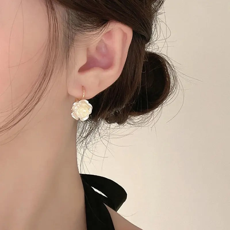 White Camellia Pearl Earrings