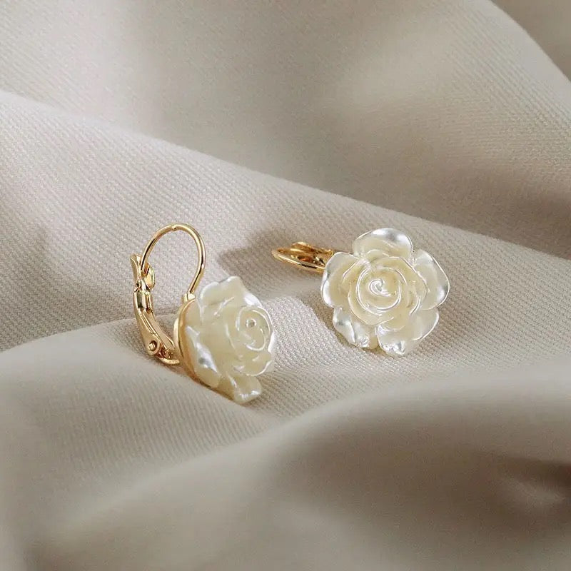 White Camellia Pearl Earrings