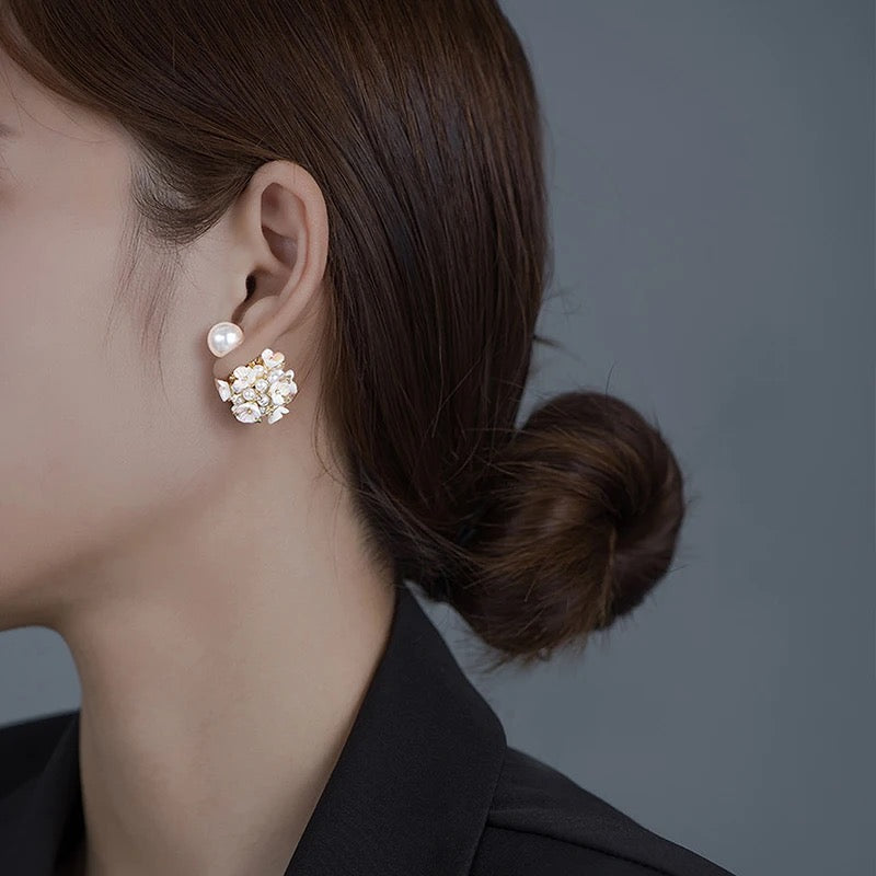 White Shell Flower Ball Double Side Stud Earrings