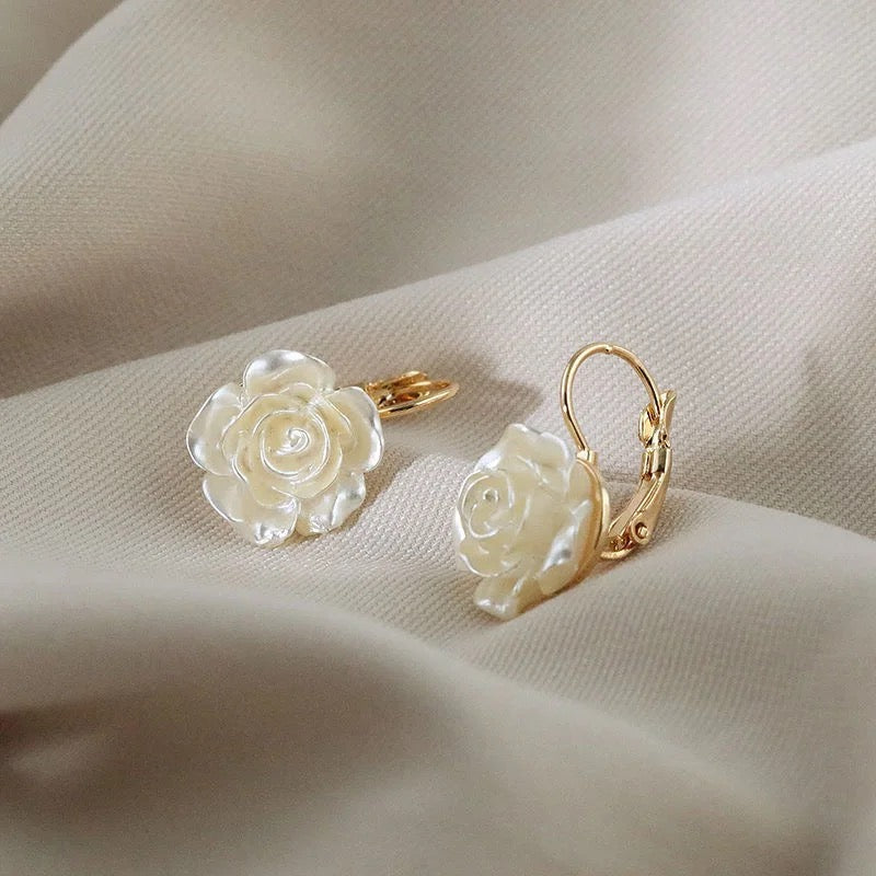 White Camellia Pearl Earrings