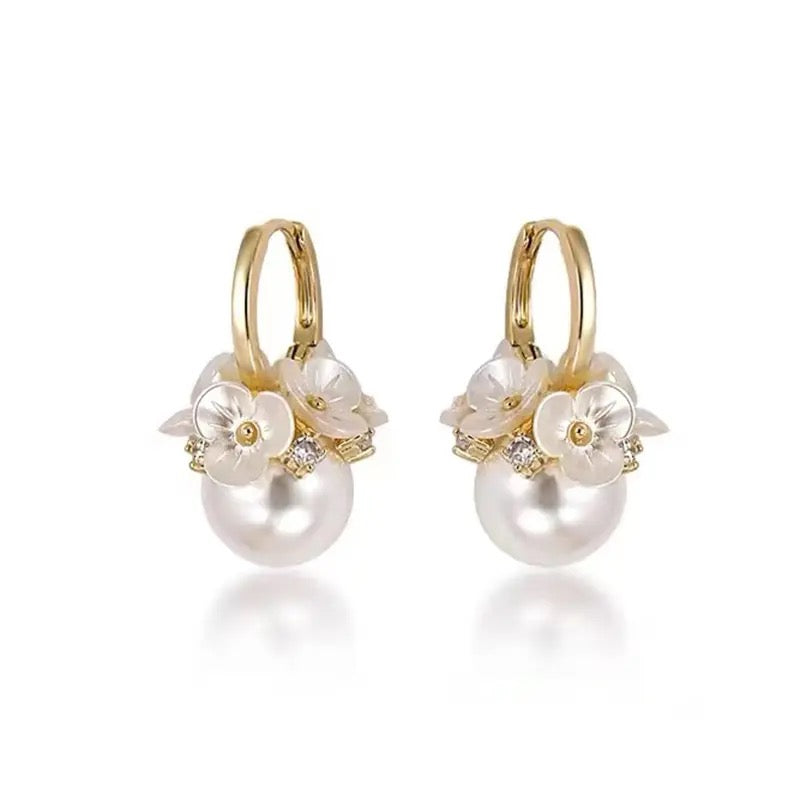 Elegant White Flower Cluster Pearl Ball Pendant Earrings