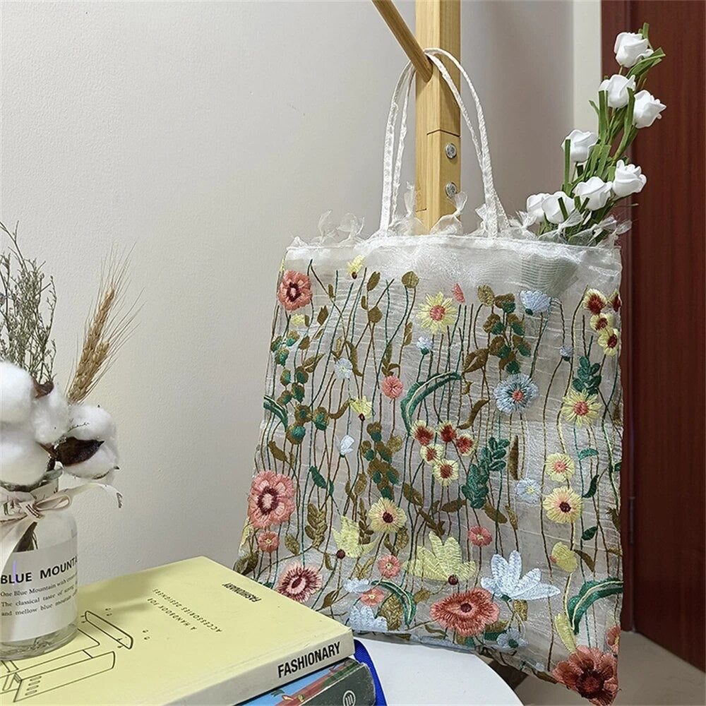 Embroidered Flower Tote Bag