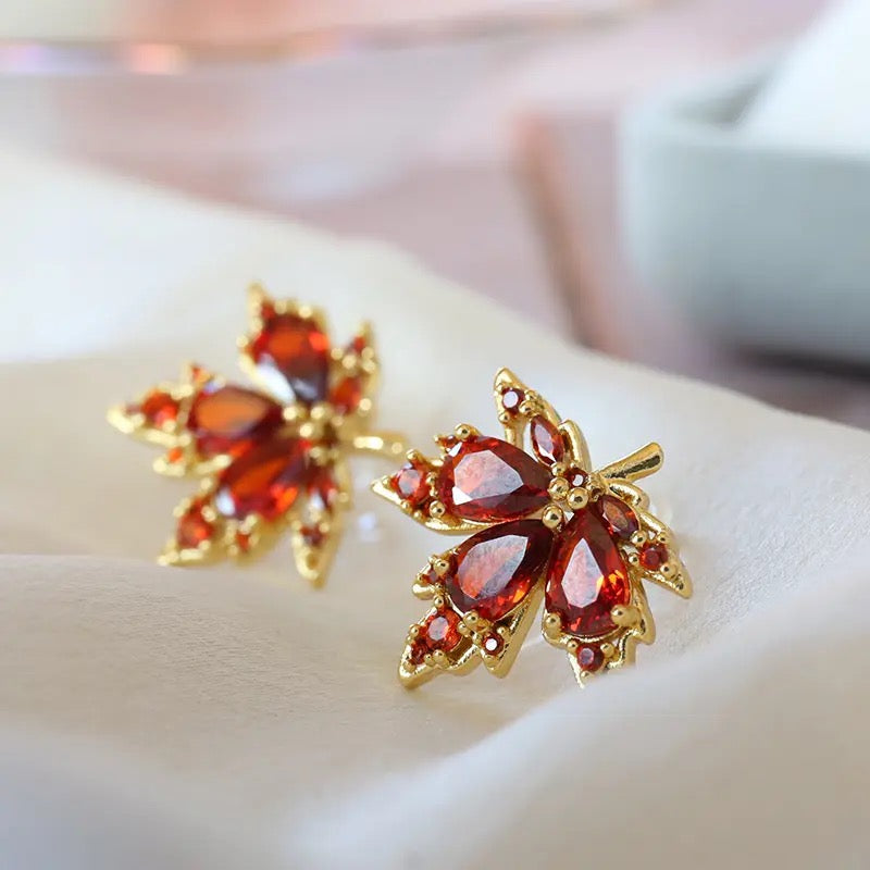 Crystal Maple Leaf Stud Earrings