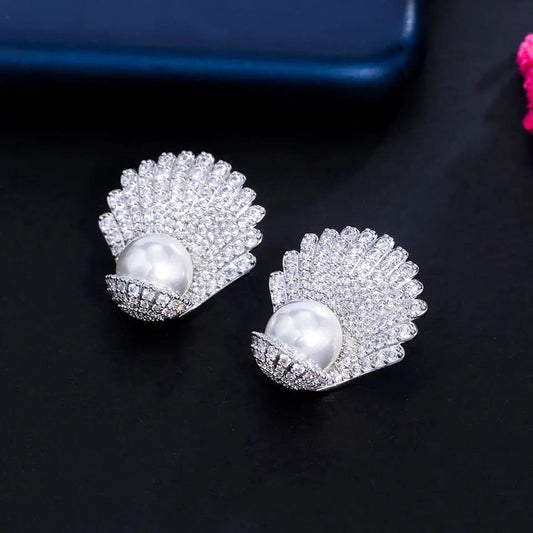 Zircon Shell Shaped Big Pearl Earrings