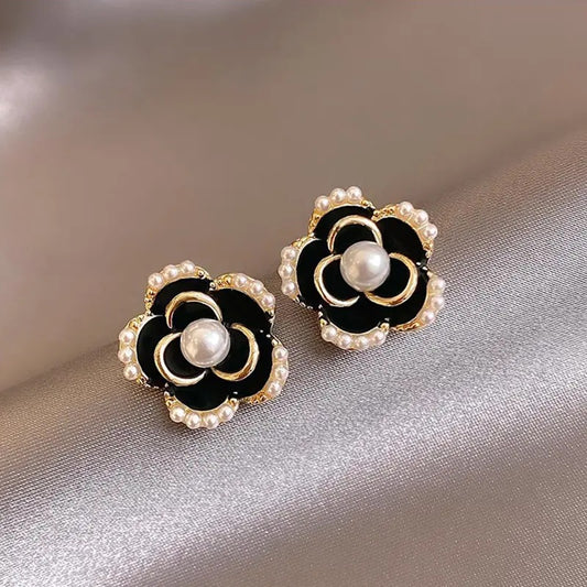Black Camellia Pearl Earrings